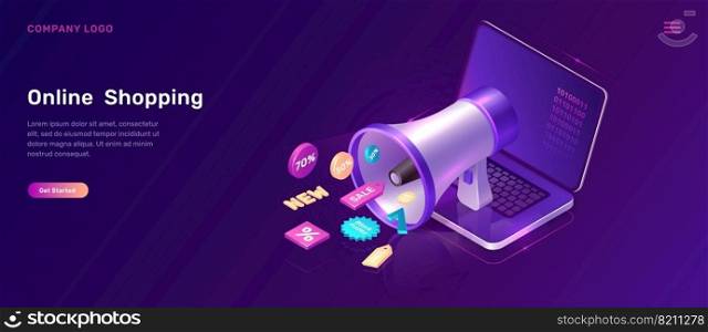 Digital marketing and online shopping, isometric concept vector illustration. Laptop screen, megaphone or loudspeaker and 3D sale and discount promo icons, landing web page, ultraviolet sale banner. Digital marketing isometric concept with megaphone