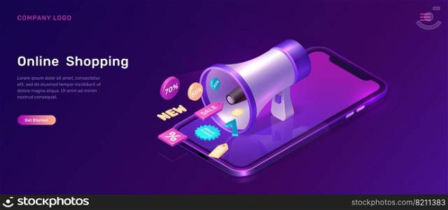 Digital marketing and online shopping, isometric concept vector illustration. Mobile phone, big megaphone or loudspeaker and 3D sale and discount promo icons, landing web page, ultraviolet sale banner. Digital marketing isometric concept with megaphone