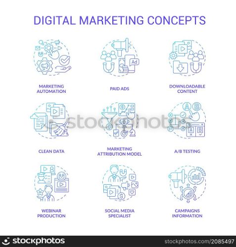 Digital marketing and strategies blue gradient concept icons set. Boost business online idea thin line color illustrations. Isolated outline drawings. Roboto-Medium, Myriad Pro-Bold fonts used. Digital marketing and strategies blue gradient concept icons set