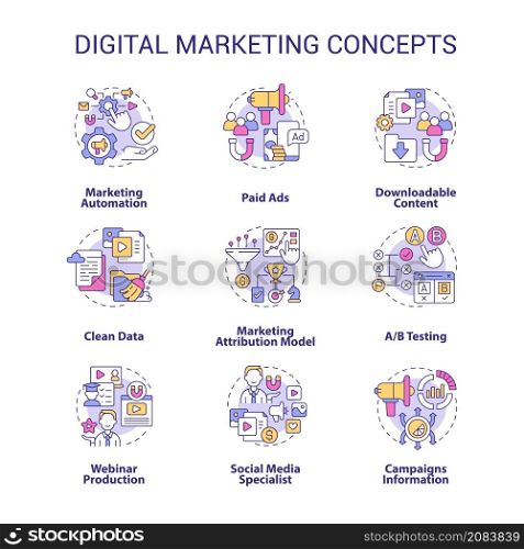 Digital marketing and strategies concept icons set. Promoting business online idea thin line color illustrations. Isolated outline drawings. Roboto-Medium, Myriad Pro-Bold fonts used. Digital marketing and strategies concept icons set