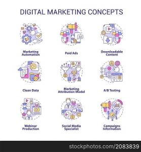 Digital marketing and strategies concept icons set. Promoting business online idea thin line color illustrations. Isolated outline drawings. Roboto-Medium, Myriad Pro-Bold fonts used. Digital marketing and strategies concept icons set