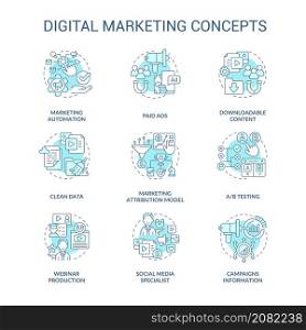 Digital marketing and strategies turquoise concept icons set. Business ads online idea thin line color illustrations. Isolated outline drawings. Roboto-Medium, Myriad Pro-Bold fonts used. Digital marketing and strategies turquoise concept icons set