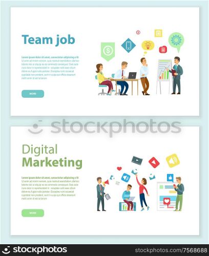 Digital marketing and team job online web pages vector. Conference graphics on board and office workers with laptops, analyzing market and teamwork. Website or webpage template, landing page in flat. Team Job and Digital Marketing Online Web Pages