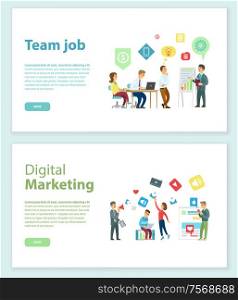 Digital marketing and team job online web pages vector. Conference graphics on board and office workers with laptops, analyzing market and teamwork. Website or webpage template, landing page in flat. Team Job and Digital Marketing Online Web Pages