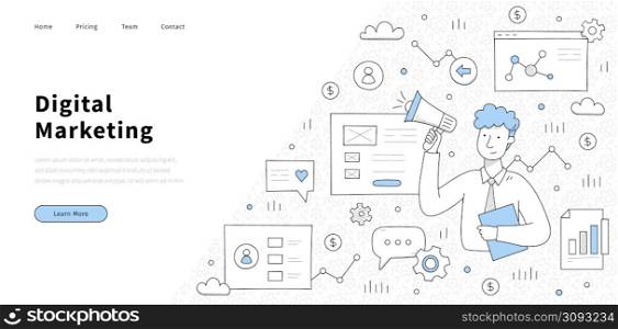 Digital marketing banner with businessman with megaphone, website screen, graph and money. Vector landing page of online market strategy with doodle illustration. Digital marketing banner with man with megaphone