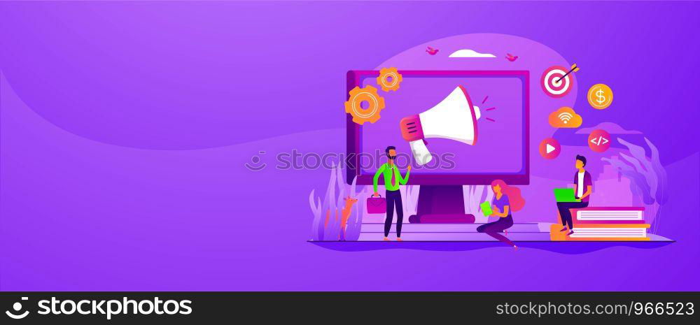 Digital marketing benefit. Web analytics. Programmers working in team. Marketing activity. Attribution modeling, brand insight, measurement tools concept. Header or footer banner template with copy space.. Digital marketing strategy web banner concept