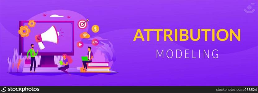 Digital marketing benefit. Web analytics. Programmers working in team. Marketing activity. Attribution modeling, brand insight, measurement tools concept. Header or footer banner template with copy space.. Digital marketing strategy web banner concept