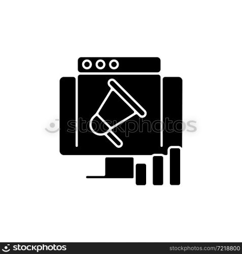 Digital marketing black glyph icon. Reaching potential customers. Promoting products and services online. Network marketing channels. Silhouette symbol on white space. Vector isolated illustration. Digital marketing black glyph icon