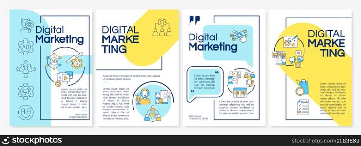 Digital marketing blue and yellow template. Online ads. Booklet print design with linear icons. Vector layouts for presentation, annual reports, ads. Questrial-Regular, Lato-Regular fonts used. Digital marketing blue and yellow template