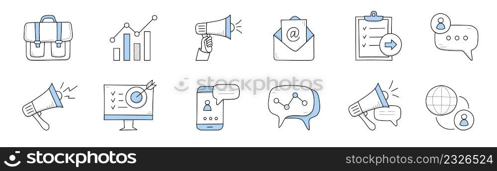 Digital marketing, business online advertising campaign icons. Vector doodle set of symbols of market strategy in internet and social media with megaphone, mobile phone, graph, target and briefcase. Digital marketing, online advertising icons