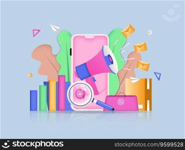 Digital marketing concept 3D illustration. Icon composition with megaphone making ad campaign, customer attracting in social networks, market data analysis. Vector illustration for modern web design