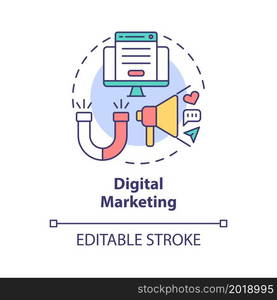 Digital marketing concept icon. Online entrepreneur skill abstract idea thin line illustration. Reach potential customers through social media. Vector isolated outline color drawing. Editable stroke. Digital marketing concept icon