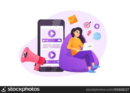 Digital marketing concept in flat style with people scene. Woman sharing promotional post in social networks, making advertising with video content for business. Vector illustration for web design