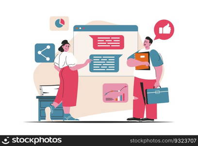Digital marketing concept isolated. Online advertising and promotion, communication. People scene in flat cartoon design. Vector illustration for blogging, website, mobile app, promotional materials.