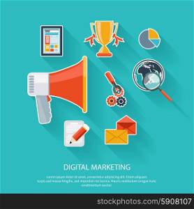 Digital marketing concept. Megaphone surrounded by media icons. Flat design stylish megaphone with application icons