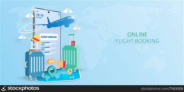 Digital marketing concept Online Flight Booking on Smartphone application, Banner background with copy space