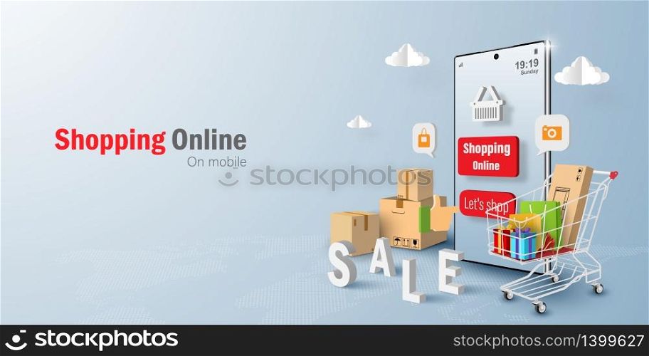 Digital marketing concept Online Shopping on mobile application, Banner background with copy space