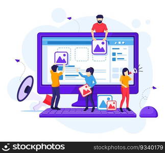 Digital Marketing concept, people are putting content on-screen to promote products online flat ector illustration