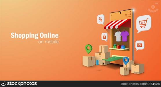Digital marketing concept, Shopping Online on mobile application, Banner background with copy space