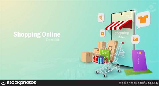 Digital marketing concept, Shopping Online on mobile application, Web banner background with copy space