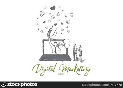 Digital marketing concept sketch. Businessman and businesswoman partnership, influencer with megaphone and magnet, social media feedback, online promo campaign banner. Isolated vector illustration. Digital marketing concept sketch. Isolated vector illustration