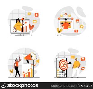 Digital marketing concept with character set. Collection of scenes people create viral and creative advertising, promote business, target audience online. Vector illustrations in flat web design