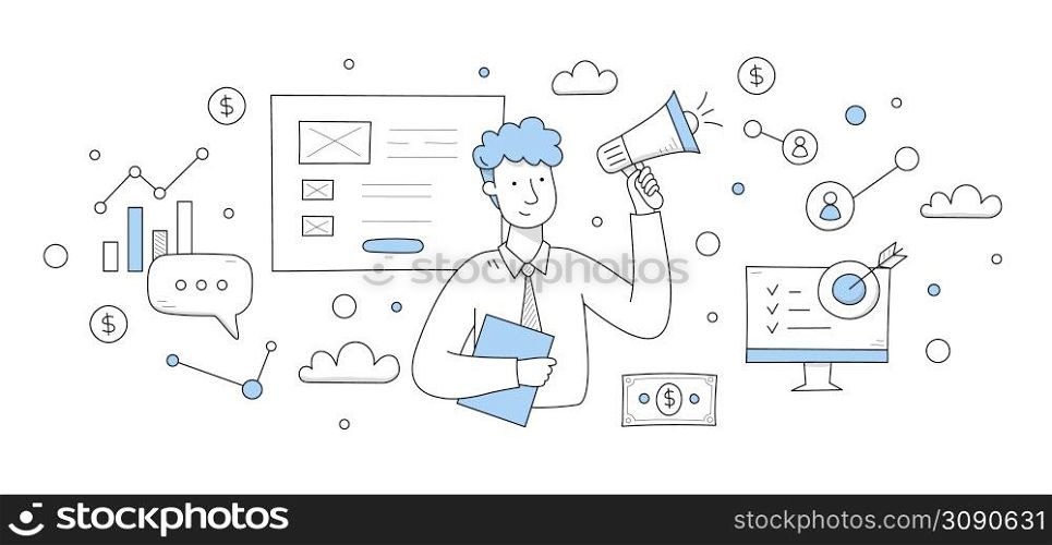 Digital marketing concept with doodle illustration of man with megaphone, website and money. Vector background with symbols of online market strategy and businessman. Digital marketing concept with man with megaphone
