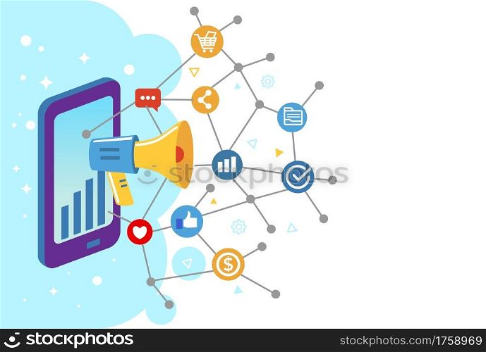 Digital marketing concept with megaphone, social media online marketing icon