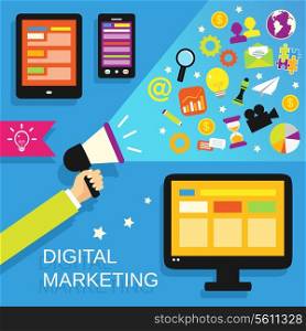 Digital marketing concept with mobile gadgets and business icons set vector illustration.