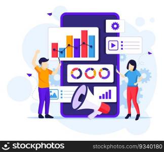 Digital Marketing concept with people works near a giant smartphone flat vector illustration