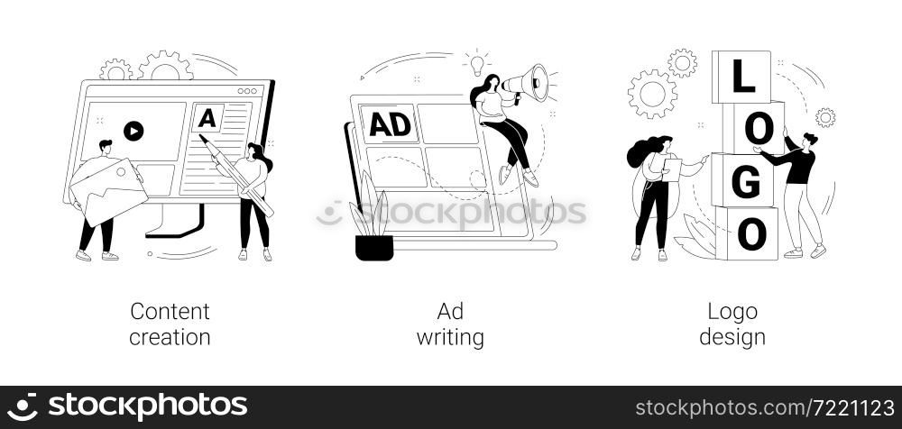 Digital marketing copywriting abstract concept vector illustration set. Content creation, ad writing, logo design, blog post, social media, company website, viral content, client abstract metaphor.. Digital marketing copywriting abstract concept vector illustrations.