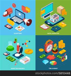 Digital marketing design concept set with advertising research isometric icons isolated vector illustration. Digital Marketing Isometric