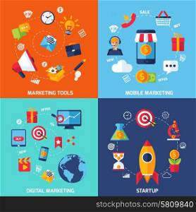 Digital marketing design concept set with startup flat icons isolated vector illustration. Digital Marketing Set