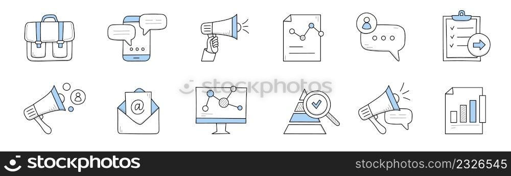 Digital marketing doodle business icons briefcase, smartphone with speech bubbles, hand with megaphone, report with diagram, e-mail envelope, pyramid graph with magnifier, Line art vector illustration. Digital marketing doodle business icons collection