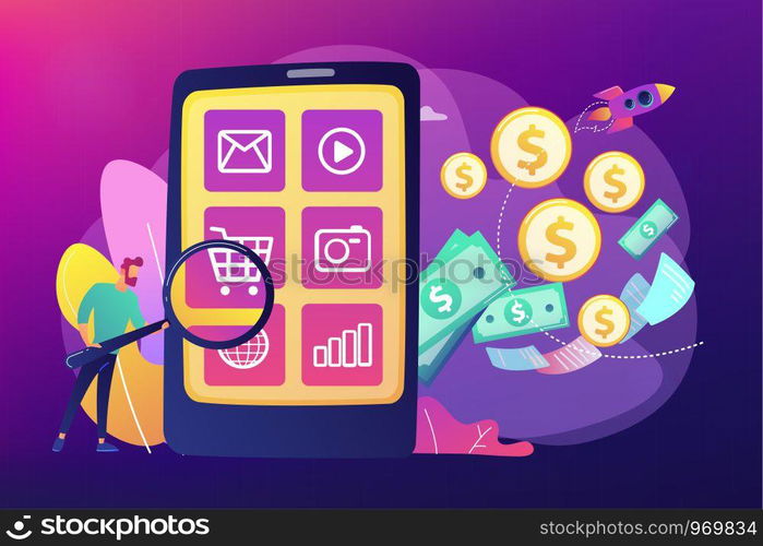 Digital marketing, e-commerce. Buyer flat character shopping online. App monetization, mobile app advertisement, app download promotion concept. Bright vibrant violet vector isolated illustration. App monetization concept vector illustration.