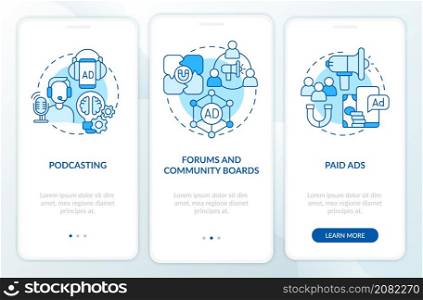 Digital marketing examples blue onboarding mobile app screen. Advertising walkthrough 3 steps graphic instructions pages with linear concepts. UI, UX, GUI template. Myriad Pro-Bold, Regular fonts used. Digital marketing examples blue onboarding mobile app screen