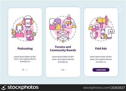 Digital marketing examples onboarding mobile app screen. Advertisement walkthrough 3 steps graphic instructions pages with linear concepts. UI, UX, GUI template. Myriad Pro-Bold, Regular fonts used. Digital marketing examples onboarding mobile app screen