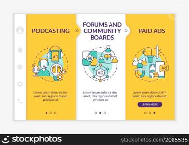 Digital marketing examples yellow onboarding template. Advertisement ideas. Responsive mobile website with linear concept icons. Web page walkthrough 3 step screens. Lato-Bold, Regular fonts used. Digital marketing examples yellow onboarding template