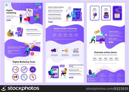 Digital marketing flat landing page. Social media marketing, promotion and advertising corporate website design. Web banner layout with header, middle content, footer. Vector illustration with people.