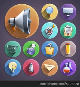 Digital marketing flat round icons set. Successful business innovative digital marketing concept principles symbols flat icons set round abstract isolated vector illustration