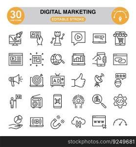 Digital Marketing icon set. Editable stroke. Pixel perfect. icon set contains such icons as business card, research, business content, megaphone, television, radio, magnifying glass, qr code