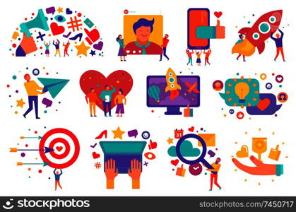 Digital marketing icons set with advertising media search of creative decisions start up support isolated vector illustration