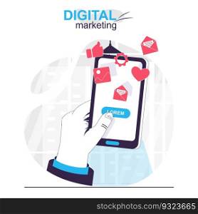 Digital marketing isolated cartoon concept. User sees ads and commercial offer in mobile app, people scene in flat design. Vector illustration for blogging, website, mobile app, promotional materials.