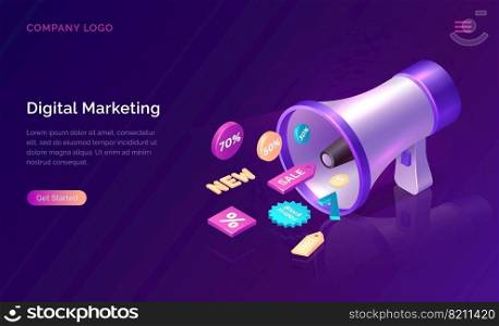 Digital marketing, isometric concept vector illustration. Big megaphone or loudspeaker and 3D sale and discount promo icons, landing web page of advertising agency to increase sales Ultraviolet banner. Digital marketing isometric concept with megaphone
