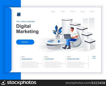 Digital marketing isometric landing page. Marketer working with laptop in office situation. Digital marketing, SMM and SEO, website content promotion and social media manage perspective flat design.