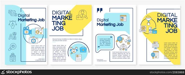 Digital marketing jobs blue and yellow brochure template. Booklet print design with linear icons. Vector layouts for presentation, annual reports, ads. Questrial-Regular, Lato-Regular fonts used. Digital marketing jobs blue and yellow brochure template