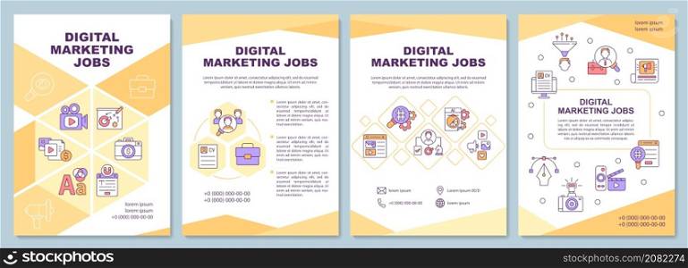 Digital marketing jobs yellow brochure template. Ad content. Booklet print design with linear icons. Vector layouts for presentation, annual reports, ads. Arial-Black, Myriad Pro-Regular fonts used. Digital marketing jobs yellow brochure template