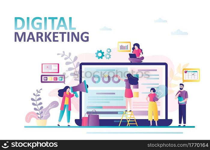 Digital marketing landing page. Business team analyzes internet traffic. Advertising and sales through social networks. Teamwork, online technology. Tiny people at workplace. Flat Vector illustration. Digital marketing landing page. Business team analyzes internet traffic. Advertising and sales through social networks.
