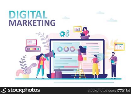 Digital marketing landing page. Business team analyzes internet traffic. Advertising and sales through social networks. Teamwork, online technology. Tiny people at workplace. Flat Vector illustration. Digital marketing landing page. Business team analyzes internet traffic. Advertising and sales through social networks.