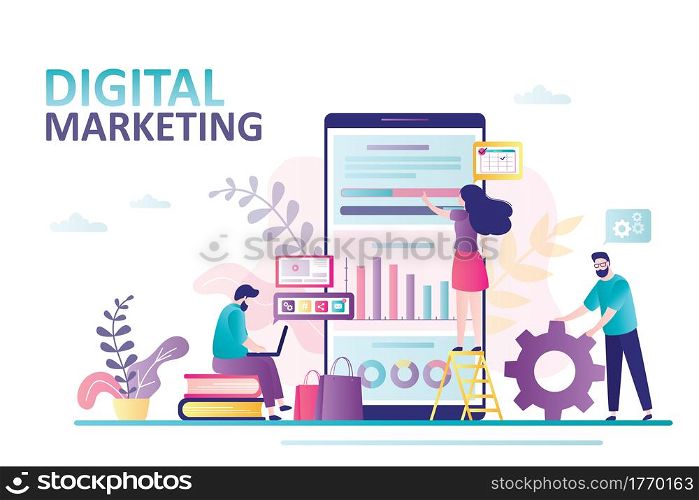 Digital marketing landing page. Business team analyzes mobile traffic. Advertising and sales through social networks. Teamwork, online technology. Tiny people at workplace. Trendy Vector illustration. Digital marketing landing page. Business team analyzes mobile traffic. Advertising and sales through social networks. Teamwork,